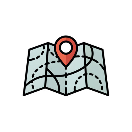 A simple illustration depicts a folded teal map with a red location pin centered The map features dashed lines suggesting routes or paths The style is flat and minimalist with clean lines and solid colorsのイラスト素材