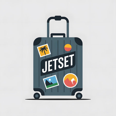 A gray suitcase with the word Jetset and various travel stickers including a palm tree, mountain range, and landscape photos.  The style is flat and minimalist with simple shapes and bold colors.のイラスト素材