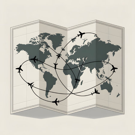A folded world map in beige and cream tones features dark gray airplanes tracing interconnected...