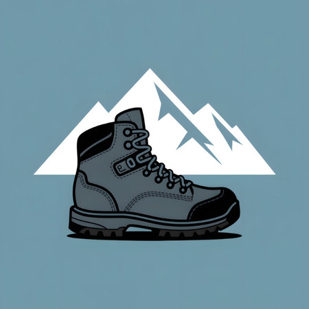 A stylized illustration depicts a gray hiking boot with a black sole positioned in front of simplified white mountains against a muted blue background. The style is clean and minimalist.のイラスト素材