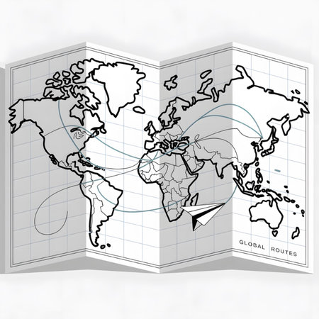 A black and white illustration of a folded world map with light gray lines indicating global routes A small paper airplane is positioned near Africa The map is set against a gridded background The style is simple and minimalistのイラスト素材