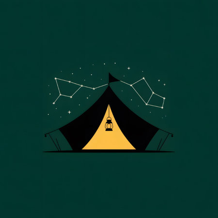 A minimalist illustration depicts a black camping tent illuminated from within by a yellow lantern light The tent sits under a dark green night sky dotted with white stars forming a constellation.  The overall mood is peaceful and serene.のイラスト素材