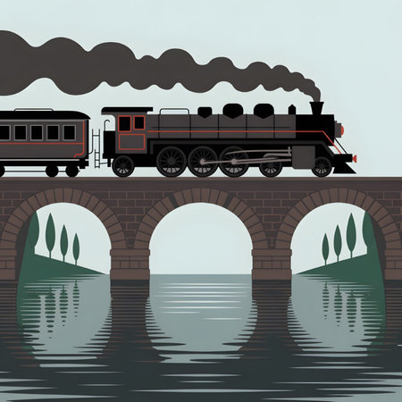 A dark gray steam train and passenger car cross a stone arch bridge over calm water. The water...