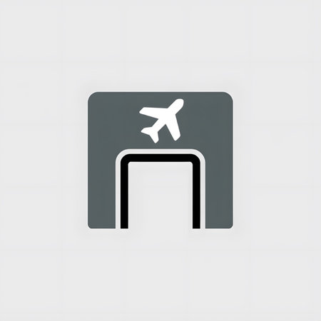 A simple gray square icon depicting an airport gate with a white airplane symbol above it. The style is minimalist and flat with solid colors and no gradients. The icon is suitable for digital interfaces or websites related to travel and transportation.のイラスト素材