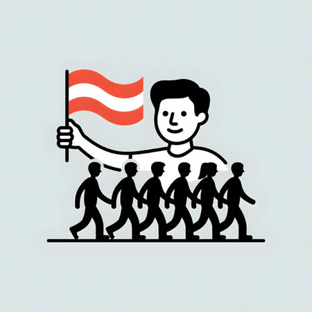 A simple line art illustration depicts a large man holding an Austrian flag leading a group of smaller people walking in a line. The colors are predominantly black, white, and red. The style is minimalist and symbolic.のイラスト素材