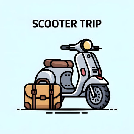 A light grey scooter with a tan suitcase sits on a light blue background. The illustration is in a simple vector style with clean lines and minimal detail. The overall mood is lighthearted and suggests a journey or adventure.のイラスト素材
