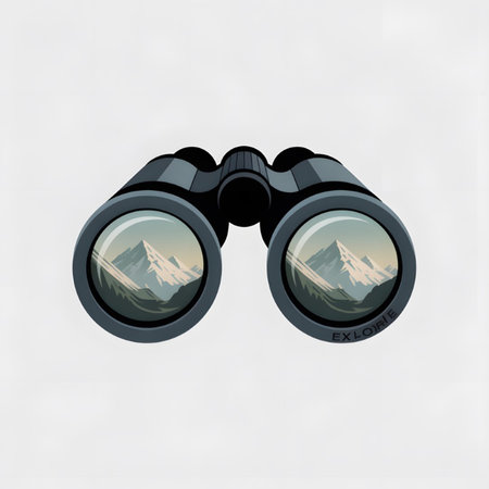 A pair of gray binoculars displays a scenic mountain landscape. The lenses reflect a view of snowcapped peaks and green valleys under a soft blue sky. The word EXPLORE is subtly inscribed on one lens. The style is illustrative and vector-based.のイラスト素材