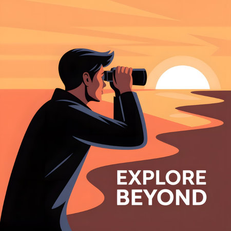 A stylized illustration depicts a man in a dark jacket using binoculars to scan a sunset over a calm orange and brown coastal landscape The words Explore Beyond are prominently displayed below.のイラスト素材