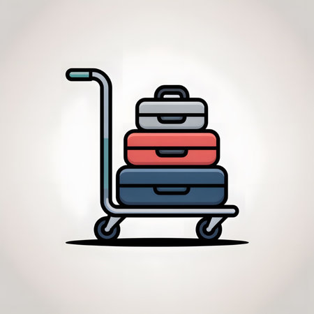 A simple vector illustration depicts a luggage cart carrying three stacked suitcases. The top suitcase is light grey, the middle is coral red, and the bottom is dark navy blue.  The cart and suitcases are outlined in black against a light grey background.のイラスト素材