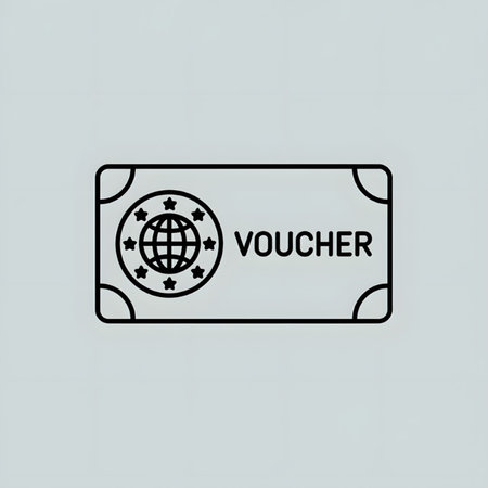 A simple black line art illustration of a voucher or coupon featuring a globe encircled by stars against a light gray background The word Voucher is prominently displayed.のイラスト素材