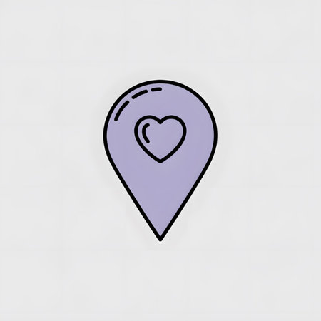 A light lavender purple location pin icon is depicted against a light gray background The pin features a smaller heart shape within its center The style is minimalist and simple with a clean outlineのイラスト素材