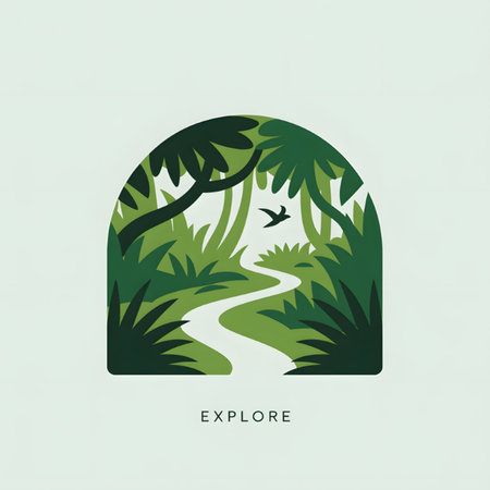 A stylized illustration depicts a winding path through a lush green tropical jungle scene within an arch shape.  The color palette is limited to various shades of green against a pale background.  A single bird is shown in flight. The word EXPLORE is displayed below.のイラスト素材