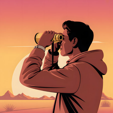 A stylized vector illustration depicts a man in a reddish-brown hooded jacket using yellow binoculars to observe a desert landscape at sunset.  The scene is rendered in warm tones of orange, yellow, and red, with silhouetted mountains and cacti in the background.のイラスト素材