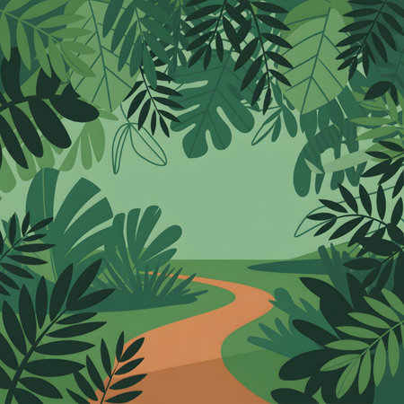 A stylized illustration depicts a winding orange path nestled within a lush green landscape.  The path is framed by various types of tropical leaves in varying shades of green. The overall style is flat and minimalist.のイラスト素材
