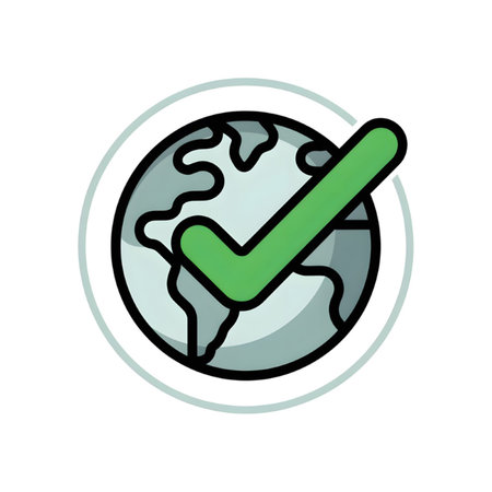 A stylized illustration depicts a green checkmark superimposed on a gray globe within a light teal circle against a white background. The style is simple and flat.のイラスト素材