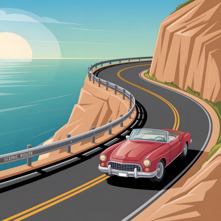 A red classic convertible car drives along a winding coastal highway that hugs a cliffside overlooking a calm blue ocean under a bright summer sun. The illustration style is vector art with smooth lines and flat colors.のイラスト素材