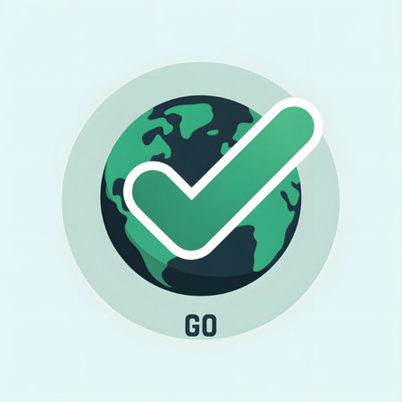 A stylized teal globe with a large green checkmark overlaid on it The word GO is written below in a sans-serif font The background is a pale blue The style is simple and flatのイラスト素材