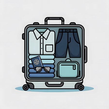 A light grey suitcase is shown open revealing neatly packed clothing including a light blue shirt dark blue shorts a passport sunglasses and a teal toiletry bag The illustration is done in a simple clean minimalist style with bold outlines and flat colorsのイラスト素材