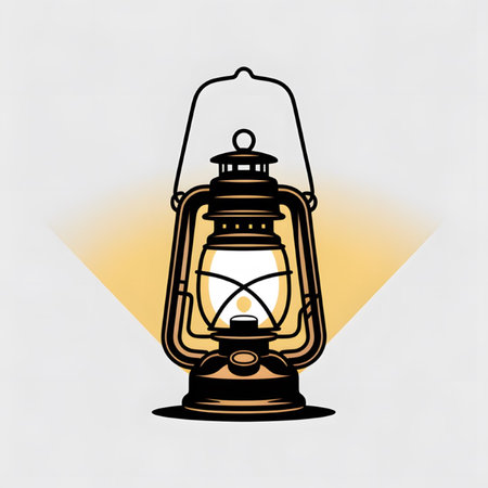 A detailed vector illustration depicts a vintage oil lantern emitting a warm yellow glow against a light gray background The lantern casts a soft shadow The style is retro and minimalistのイラスト素材