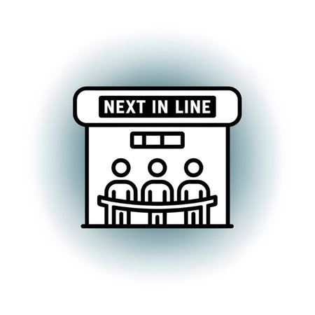Black line art illustration depicting three simplified figures standing behind a low barrier with a sign reading NEXT IN LINE above them on a white background with a subtle teal gradient shadow.のイラスト素材
