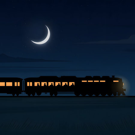 A stylized illustration depicts a passenger train at night silhouetted against a dark blue sky featuring a crescent moon.  The train's windows glow with warm orange light. The landscape is dark and simple.のイラスト素材
