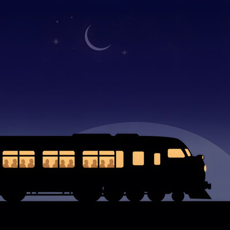 A minimalist illustration depicts a black silhouette of a train at night against a dark blue sky.  Windows are lit with warm orange light showing passengers. A crescent moon and stars are visible.のイラスト素材