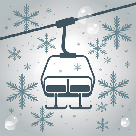 A stylized illustration depicts a teal ski lift chair against a light gray background adorned with teal snowflakes and bubbles. The design is minimalist and features a simple color palette.のイラスト素材