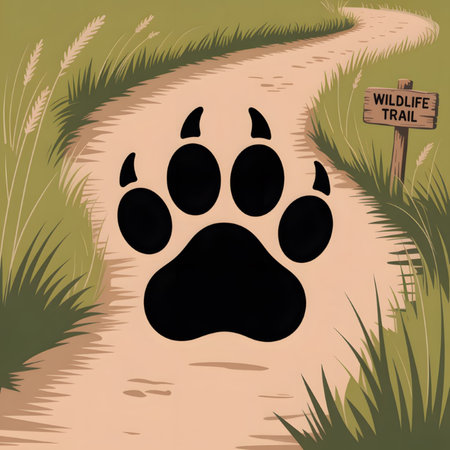 A large black bear paw print is prominently featured in the center of a tan sand path winding through green grass. A rustic wooden sign reading Wildlife Trail is visible to the right. The illustration uses earth tones and a simple style.のイラスト素材