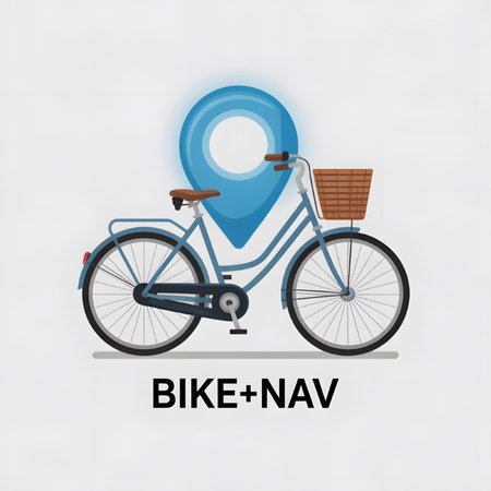 A light blue bicycle with a brown wicker basket is depicted alongside a bright blue navigation pin icon The style is simple and flat against a light gray background The image suggests a bike navigation app or websiteのイラスト素材