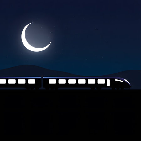 A stylized silhouette of a long train travels across a dark landscape under a crescent moon and a dark blue night sky.  The train's windows are subtly illuminated.  The overall mood is serene and nocturnal.のイラスト素材