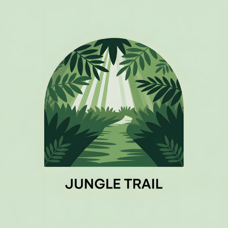 A stylized illustration depicts a jungle trail with sunlight streaming through the dense green foliage. The scene is presented in a semicircle shape with varying shades of green creating depth and texture.  The style is flat and graphic.のイラスト素材