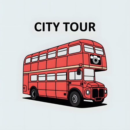 A simple illustration depicts a red double decker bus against a light gray background The bus has a camera icon on its upper deck The style is clean and minimalのイラスト素材