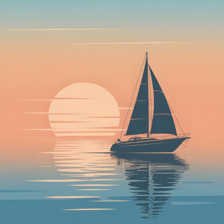 A stylized illustration depicts a dark-blue sailboat silhouetted against a large, pale-orange sunset. The calm ocean water reflects the sun and boat.  The sky is a gradient of peach and light blue.のイラスト素材
