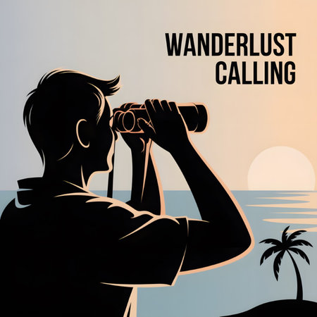 A black silhouette of a man using binoculars overlooks a tranquil ocean sunset scene featuring a palm tree on a beach The overall mood is peaceful and evocative of travel and adventure.のイラスト素材
