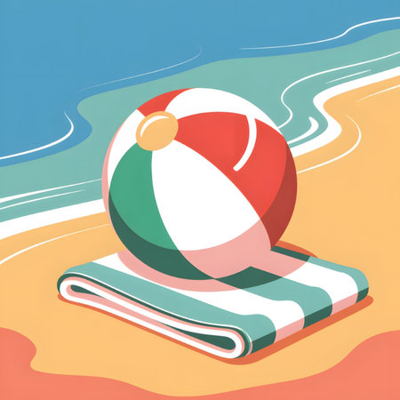 A stylized illustration depicts a red green and white beach ball resting on a folded striped beach towel on a sandy beach next to turquoise ocean waves. The style is simple and graphic with pastel colors.のイラスト素材