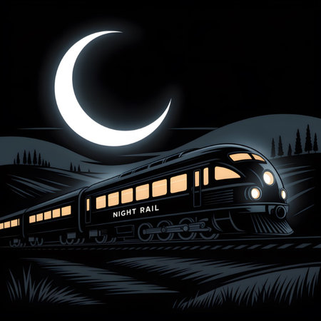 A dark blue passenger train labeled Night Rail moves across a dark landscape under a bright crescent moon.  The train's windows glow with warm light. The style is a stylized vector illustration with dark blues, blacks, and a touch of warm orange light.のイラスト素材