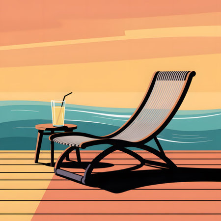A stylized illustration depicts a striped deck chair and small side table holding a glass of orange juice on a wooden deck overlooking a calm ocean at sunset. The colors are warm and inviting, with shades of orange, yellow, teal, and beige.のイラスト素材