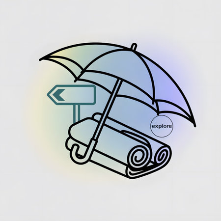 A minimalist line art illustration depicts rolled-up sleeping bags sheltered under a pastel-colored umbrella. A blank directional sign points left. The word explore is subtly included. The style is simple and clean.のイラスト素材