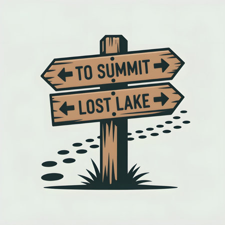A rustic brown wooden signpost with two arrows points to Summit and Lost Lake. Footprints lead to the base of the post which is set in grass. The style is vintage illustration with dark outlines.のイラスト素材