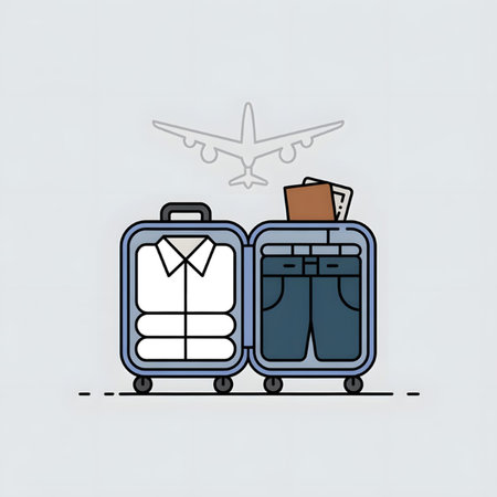 A flat design illustration depicts an open suitcase containing a neatly folded white shirt and dark blue jeans. A passport and boarding pass rest on top.  A faint airplane icon is visible above. The background is light grey.のイラスト素材