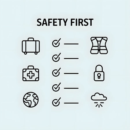 A light blue background features a black line art safety checklist infographic. Icons include a suitcase, first aid kit, safety vest, padlock, globe, and a stormy cloud.  Each icon is accompanied by a checkmark and a blank line.のイラスト素材