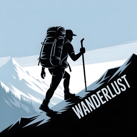 A stylized silhouette of a hiker ascending a mountain, carrying a large backpack and using trekking poles. The background depicts a snowy mountain range under a pale blue sky. The word Wanderlust is prominently displayed on the mountainside. The overall style is minimalist and graphic.のイラスト素材