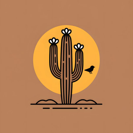 Minimalist line art illustration of a saguaro cactus with three white flowers against a large yellow sun on a brown background. A small black bird is shown to the right of the cactus.  The style is simple and clean.のイラスト素材