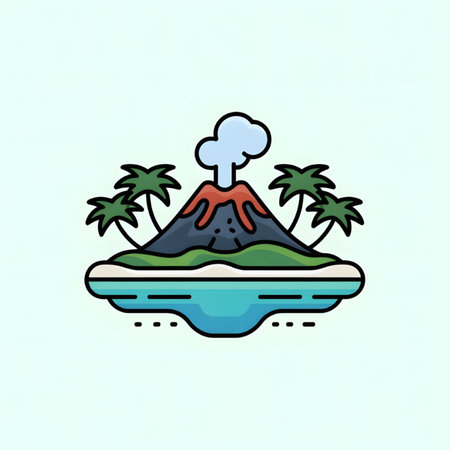 A cartoon illustration depicts a volcanic island with palm trees surrounding a dark gray volcano with red lava and light blue water The style is simple and flat with clean linesのイラスト素材