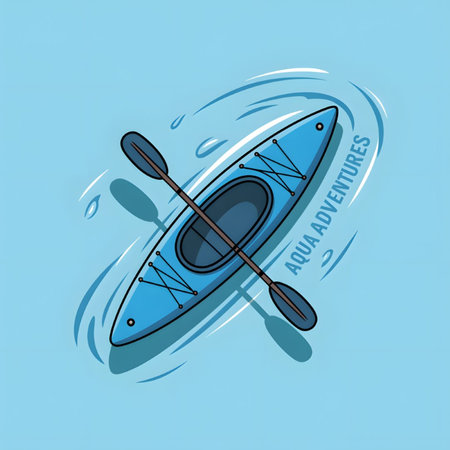 A simple illustration depicts a blue kayak with a paddle on light blue water creating small ripples. The words Aqua Adventures are visible. The style is flat and minimalist.のイラスト素材