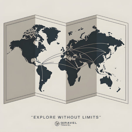 A trifold world map illustration features dark blue continents on a beige background.  Thin lines connect various points across the map, suggesting global travel routes. The style is minimalist and flat.のイラスト素材