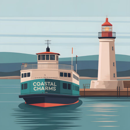 A teal and cream colored ferry named Coastal Charms is docked next to a tall white lighthouse on a calm body of water. Distant green hills are visible under a pale blue sky. The illustration style is clean and simple with muted colors.のイラスト素材