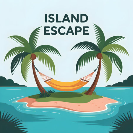 A stylized illustration depicts a tranquil tropical island scene featuring a yellow hammock strung between two palm trees on a small sandy beach surrounded by turquoise ocean water.  The style is flat and simple with bold colors.のイラスト素材