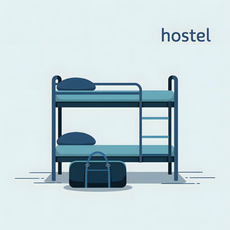 A minimalist illustration depicts a teal and dark blue bunk bed with dark blue pillows and a dark...
