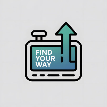 A teal and green gradient GPS device icon features the words Find Your Way on its screen An upward...